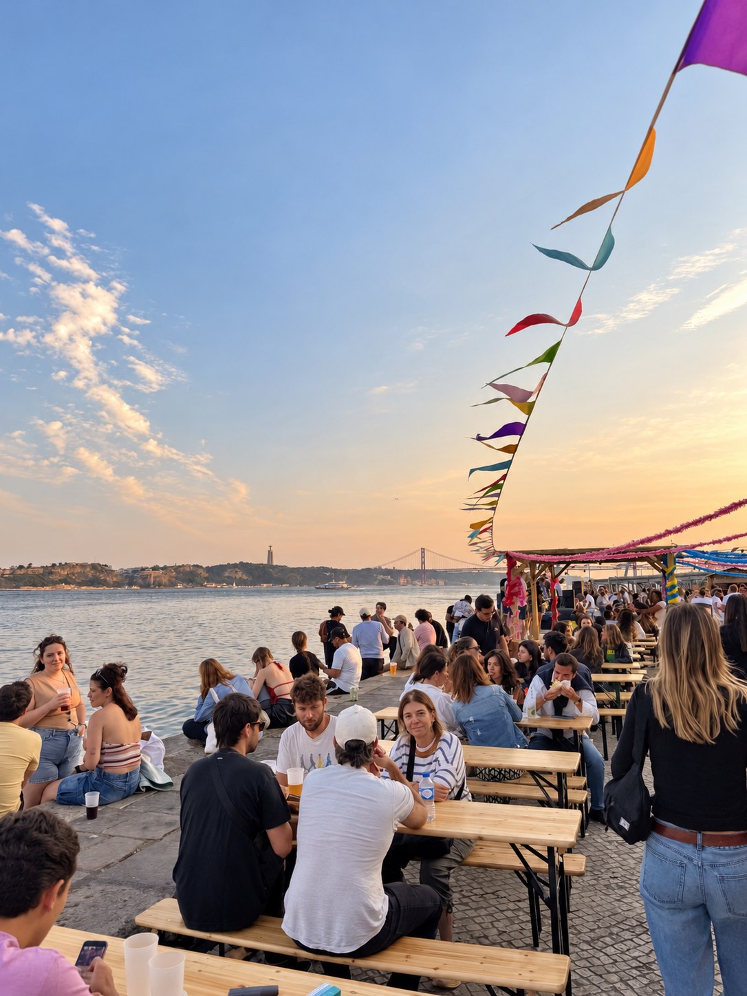 People enjoying an afternoon beside Lisbon’s Tagus River