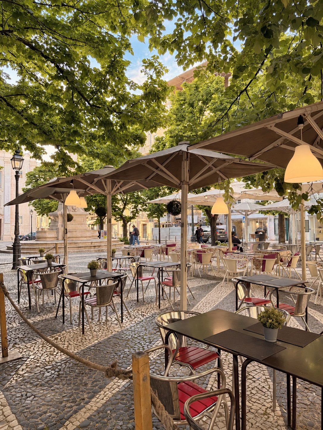 A leafy outdoor terrace with tables ready for a relaxed afternoon